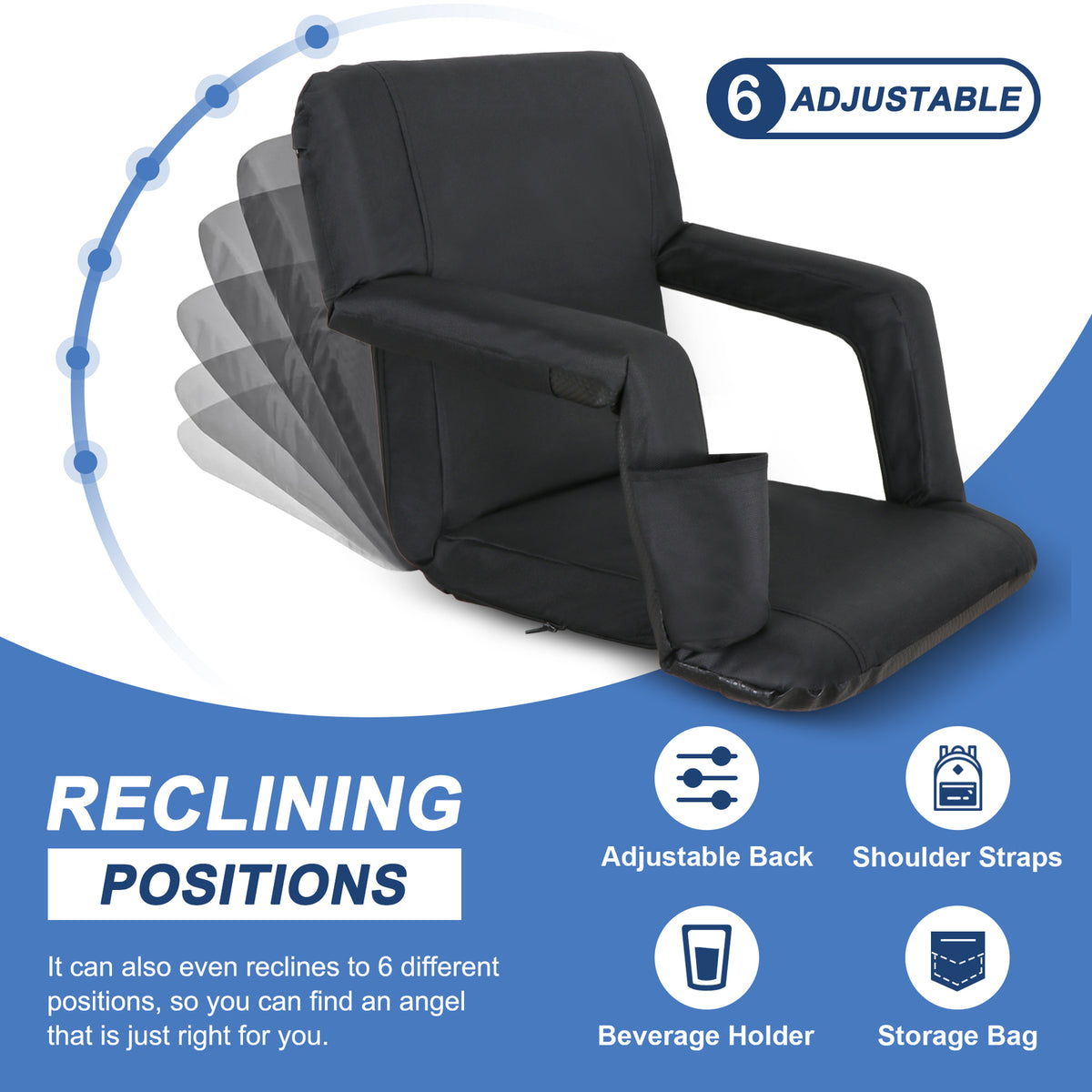 Portable Stadium Seat with Back Cushion & Reclining Positions for Bleachers
