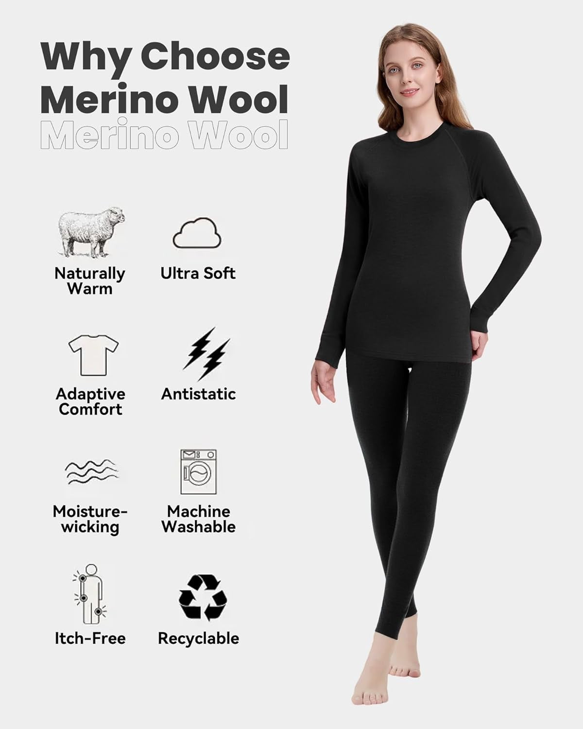 Women's Merino Wool Base Layer Sets Thermal Underwear Ski 2PC Top & Long Johns