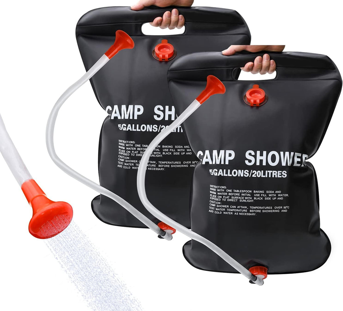 2 Pack 20L Solar Camping Shower Bags with Hose & Head - Portable Hot Water