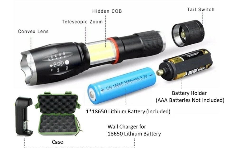 Rechargeable LED Flashlight with Magnetic COB Focus Beam and Emergency Red Flashlight