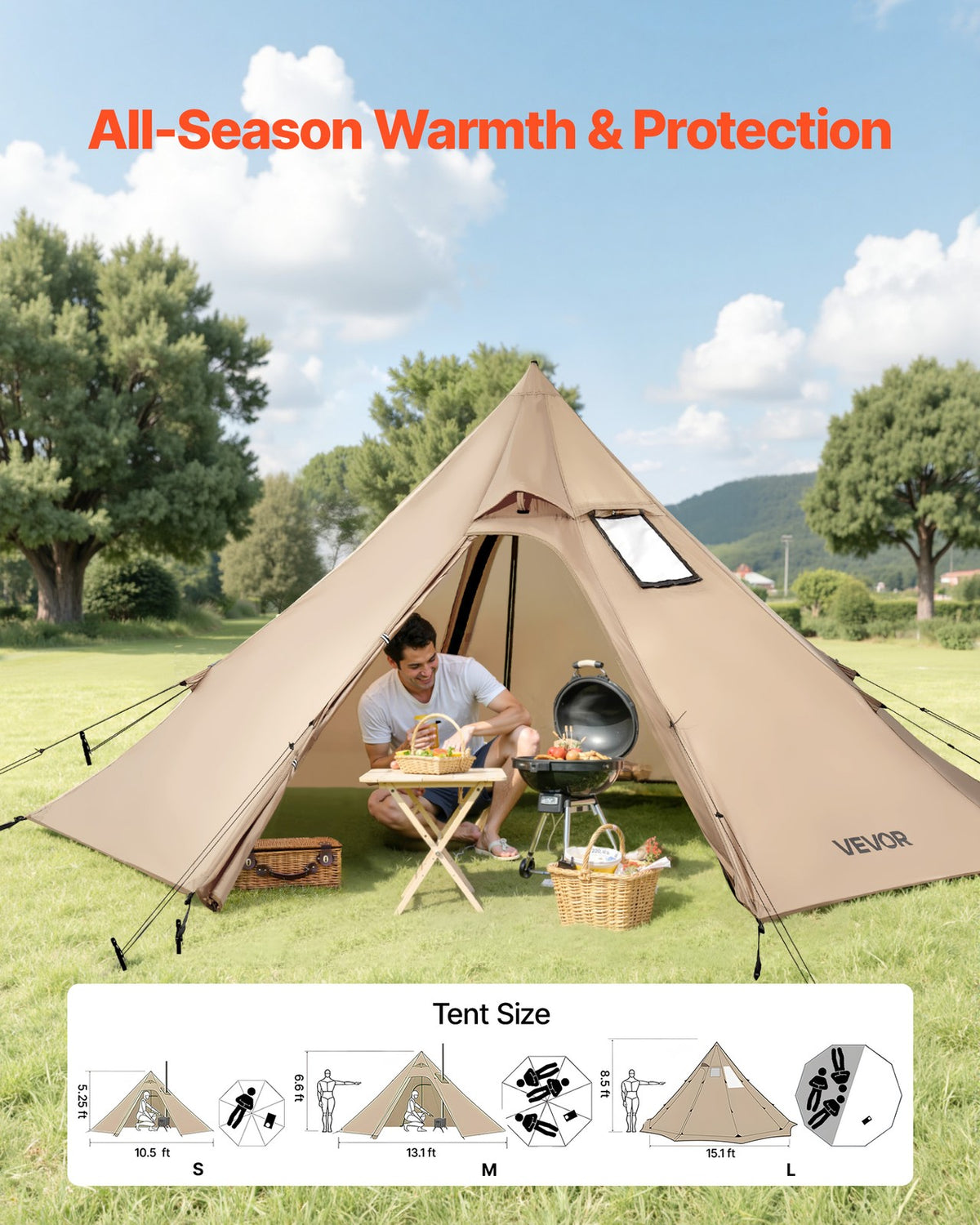 2-Person Waterproof Tipi Tent with Stove Jack for Camping