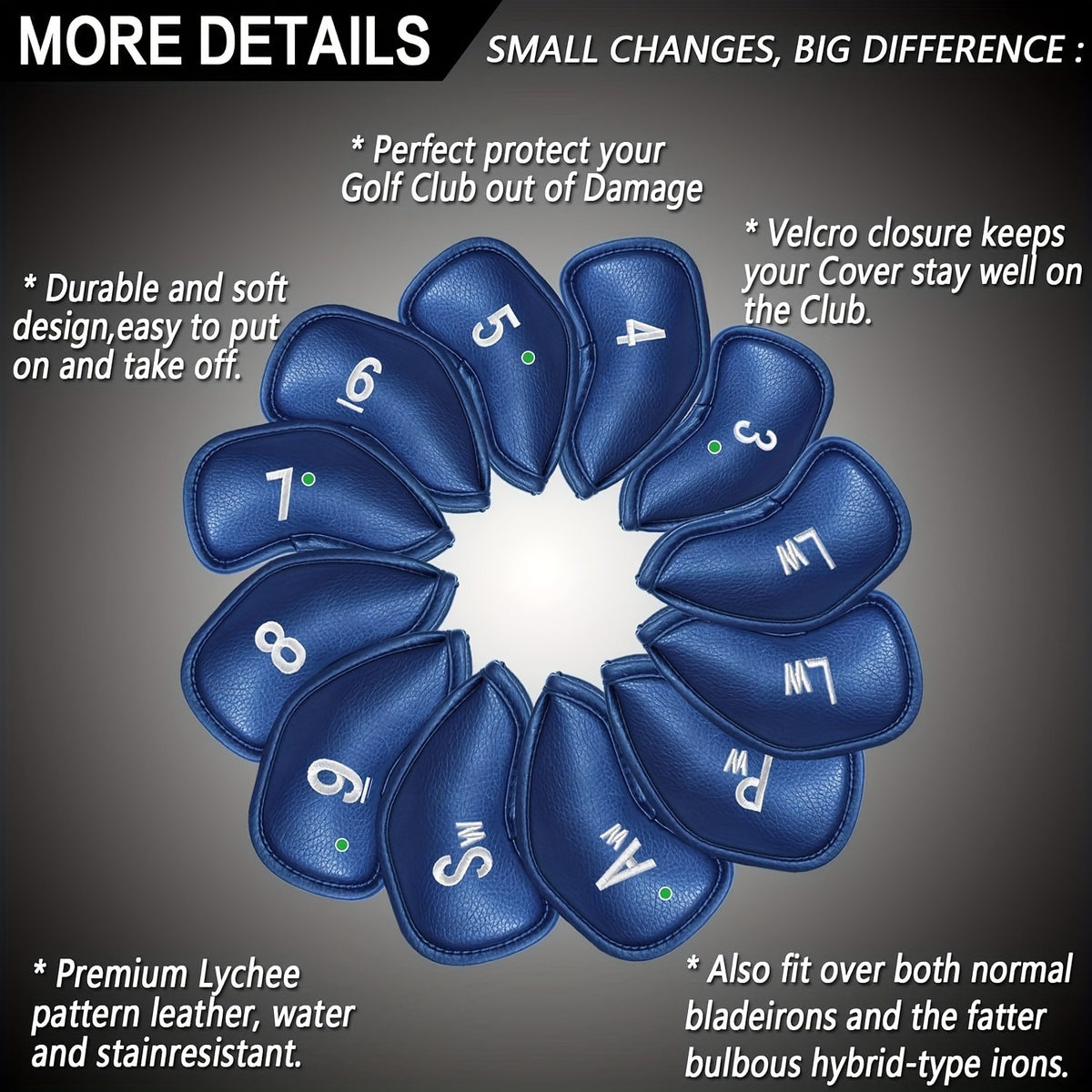 Golf Iron Head Covers 12 Pack Set - Universal Durable PU Club Protectors