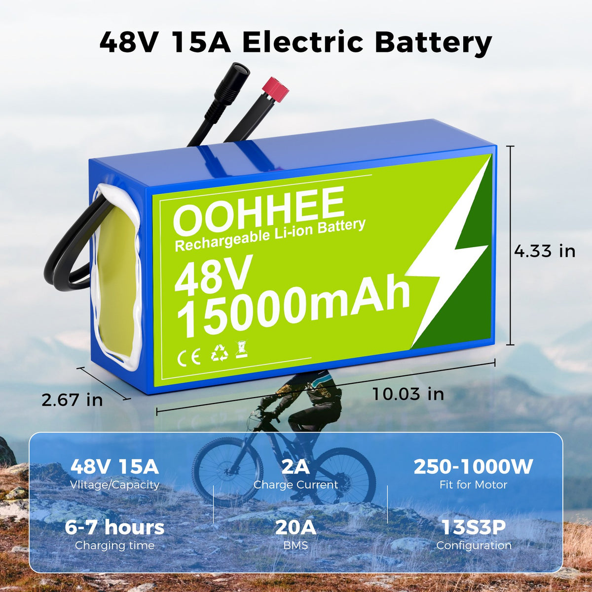 48V 15Ah Lithium Battery for Electric Bicycle Scooter 250W-1000W Power