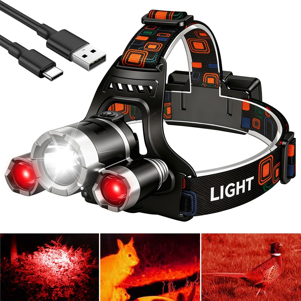 Rechargeable LED Headlamp with 4 Modes for Hunting Night Vision
