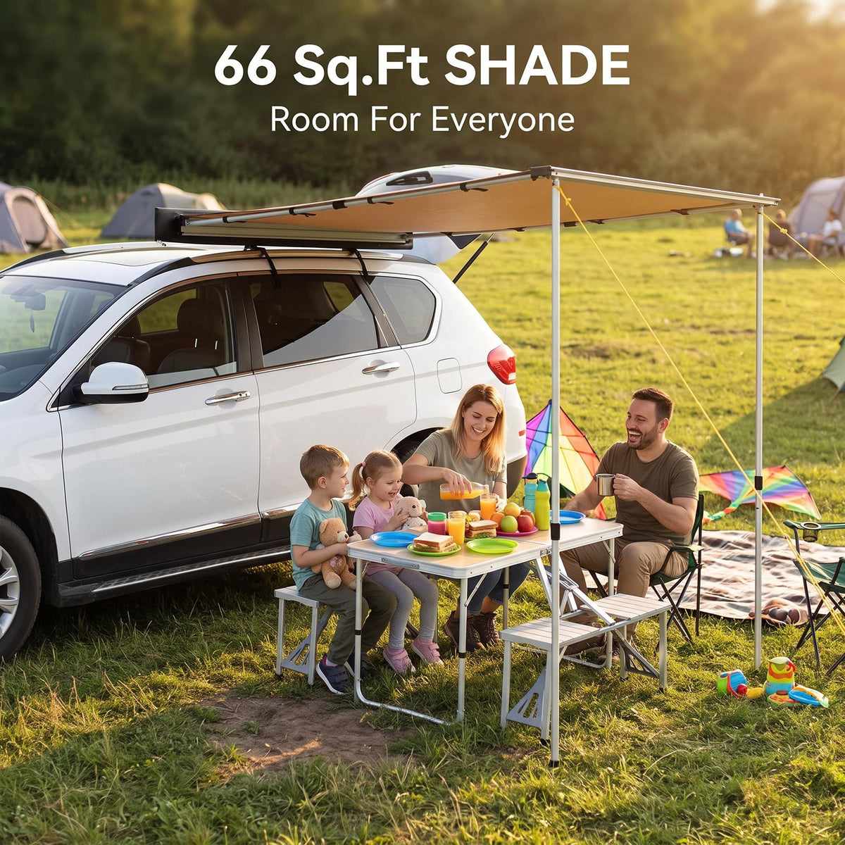 6.6ft Vehicle Awning with Waterproof Fabric and Aluminum Poles - Universal Roof Rack Mount