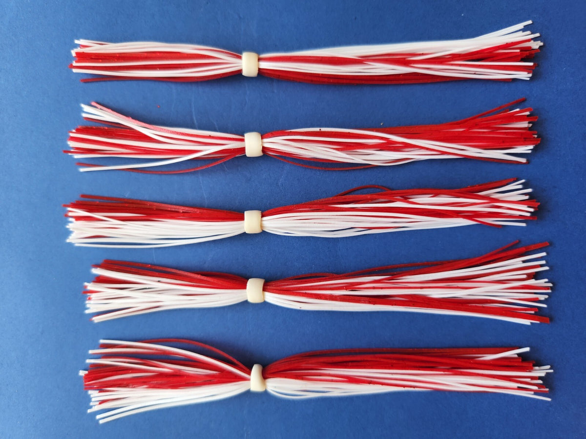 Silicone Skirt Replacement Material Tabs for Spinner Baits - White/Red 5 Inch, 40 Strands