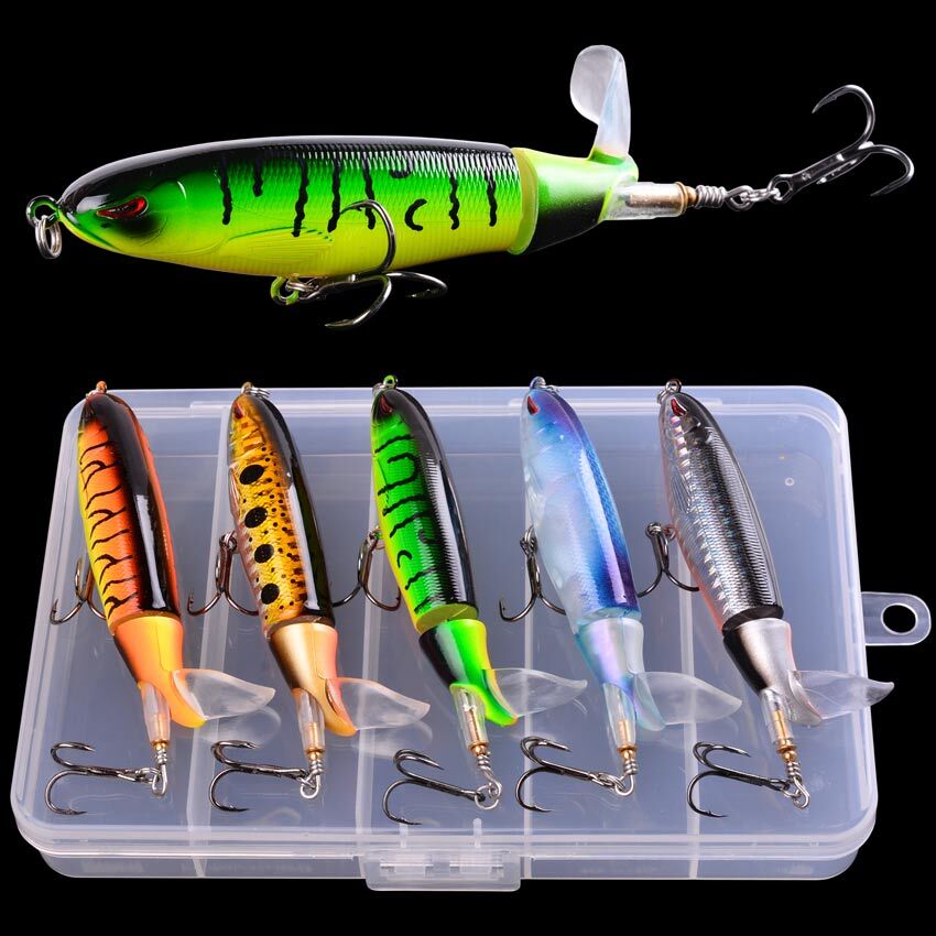 5pcs Topwater Fishing Lure Set Pencil Baits with Rotating Tails for Freshwater