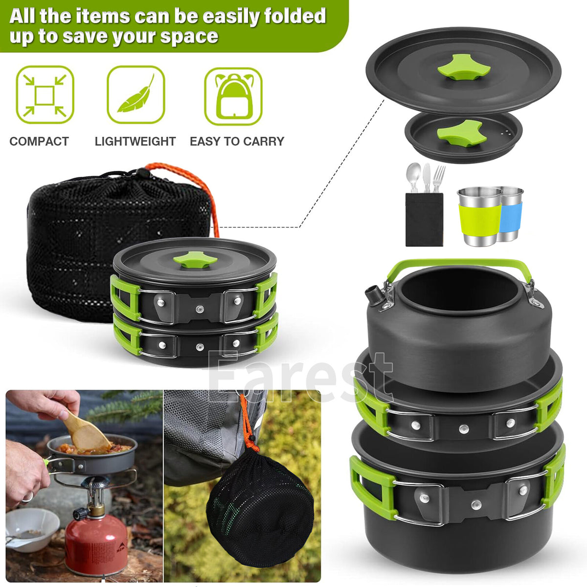 Portable Camping Cookware Set 13 Pcs Lightweight Non-Stick Pot Pan Kettle