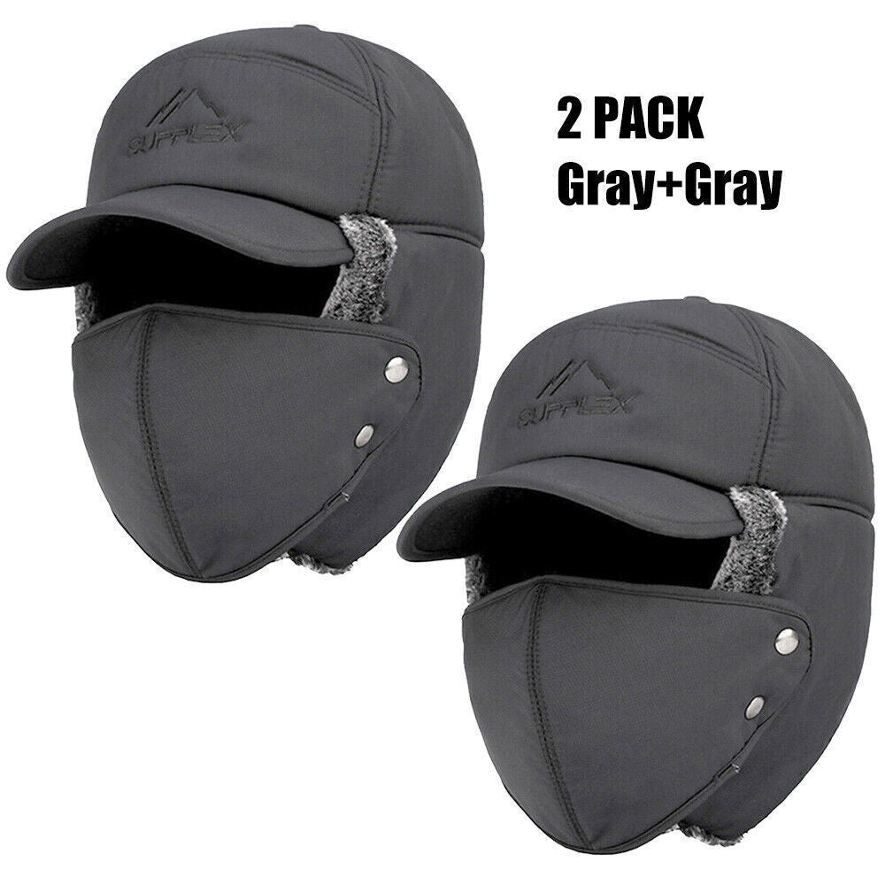 Winter Trapper Hat with Faux Fur Ear Flaps and Removable Face Mask - Windproof & Waterproof