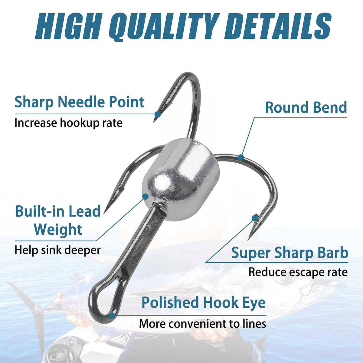 Weighted Treble Fishing Hooks Set - 4 Sizes, Saltwater & Freshwater Use