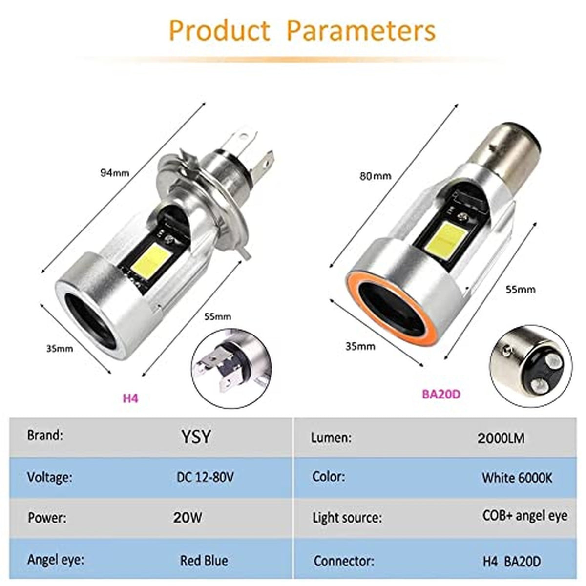 H4 LED Motorcycle Headlight Bulb 20W 2000LM Cool White with Red Angel Eye