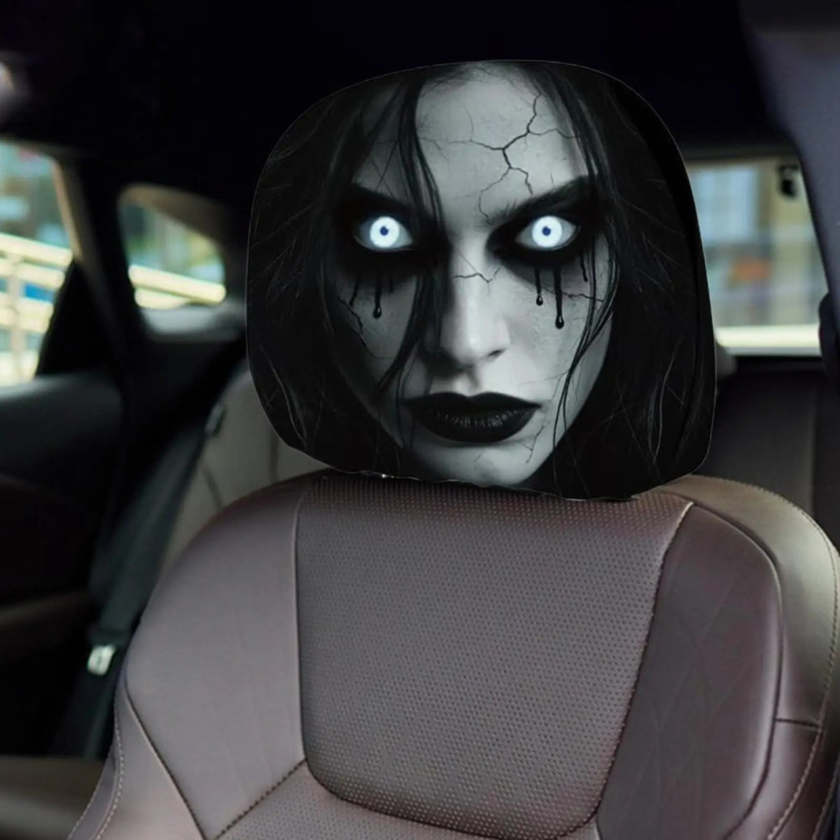 Halloween Ghost Car Headrest Covers Set - Creepy Vehicle Seat Protectors, 2 Pack