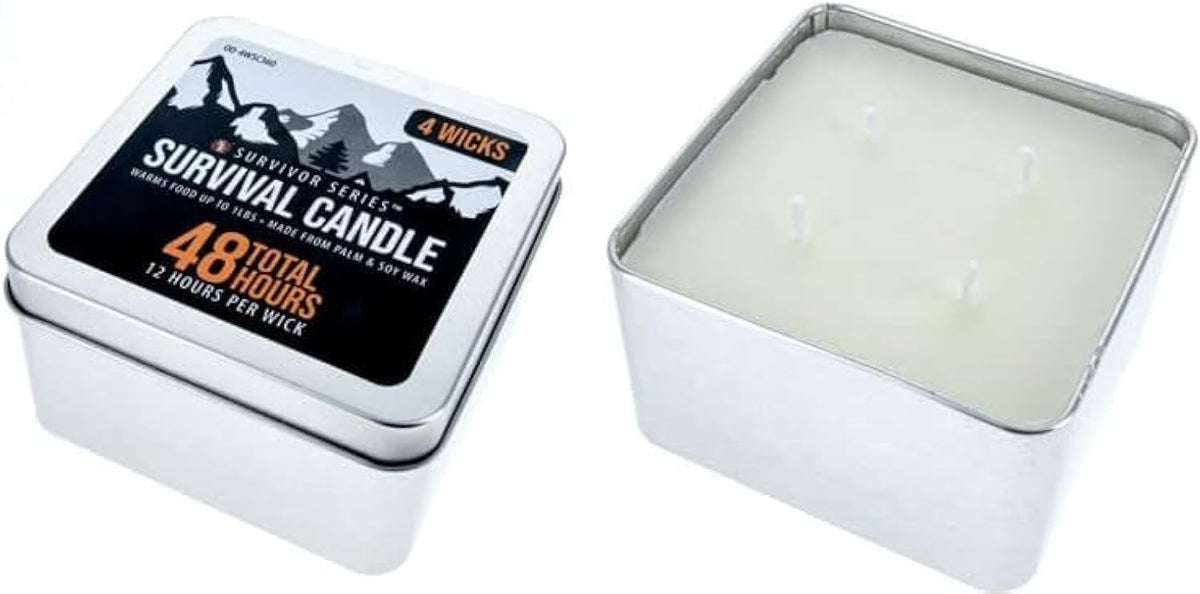Survival Candle in Tin Box with 4 Wicks, 48 Hour Burn Time, Palm and Soy Wax