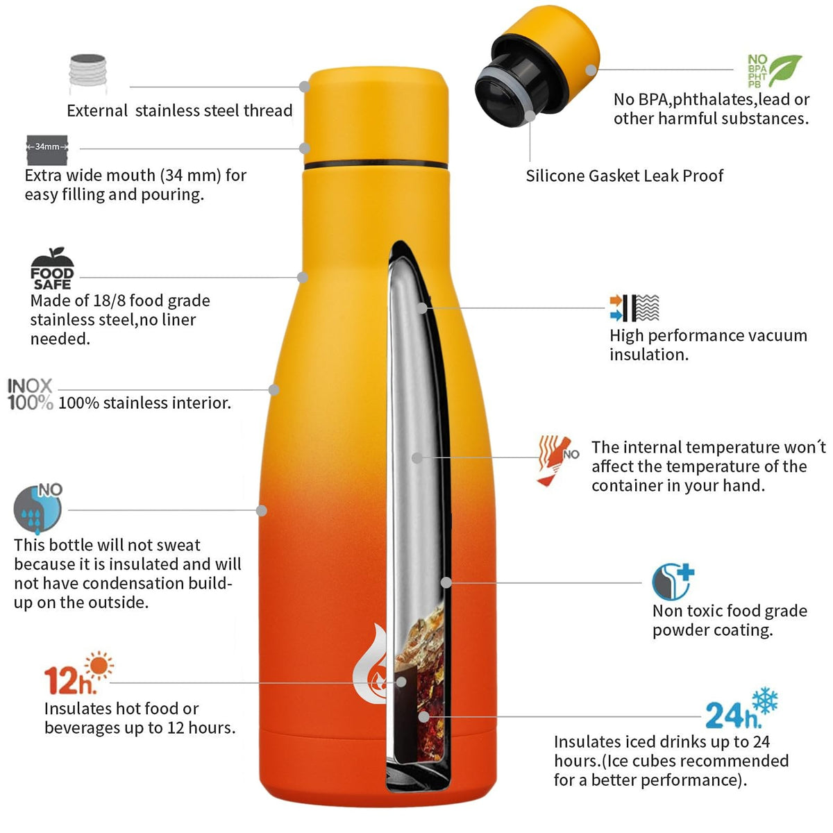 12oz Insulated Stainless Steel Water Bottle - Reusable Thermal Flask - Sunset Orange
