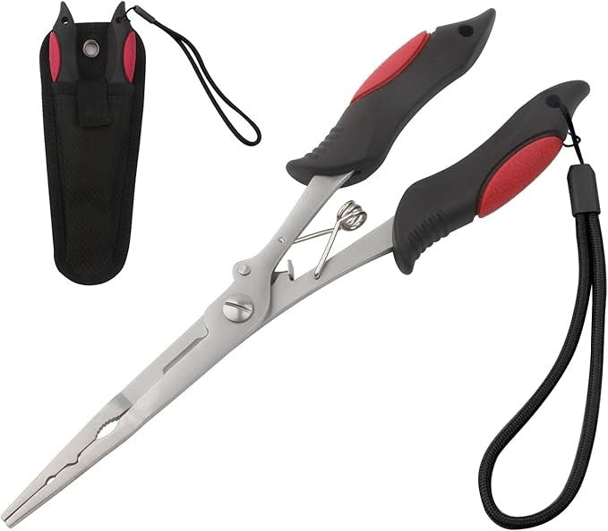 Long Nose Fishing Pliers with Non-Slip Handle & Lanyard - Multi-Function Stainless Steel Hook Remover & Line Cutter