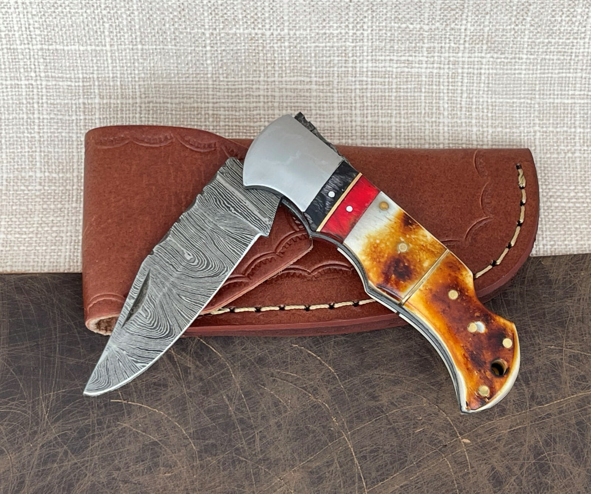 Damascus Folding Pocket Knife with Small Defects Handmade, Multiple Variants