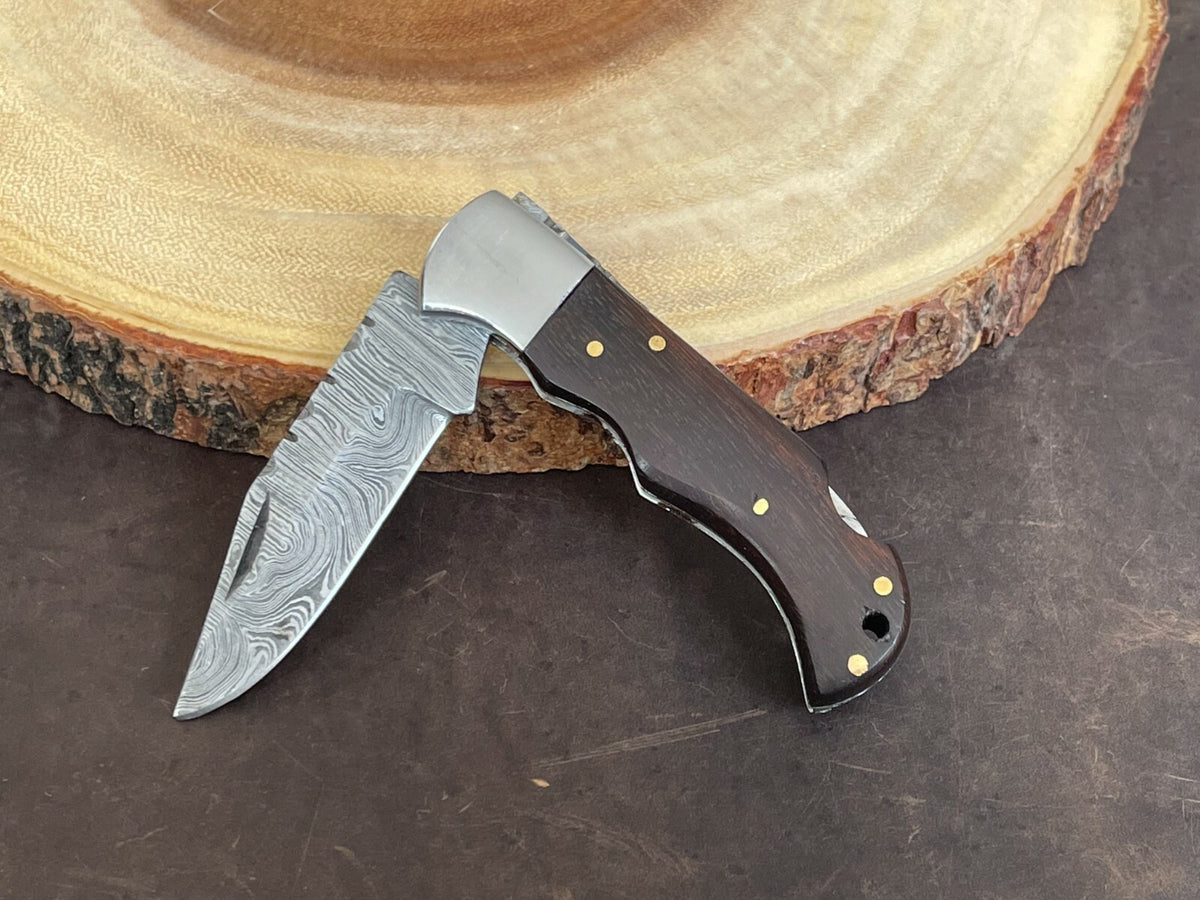 Damascus Folding Pocket Knife with Small Defects Handmade, Multiple Variants