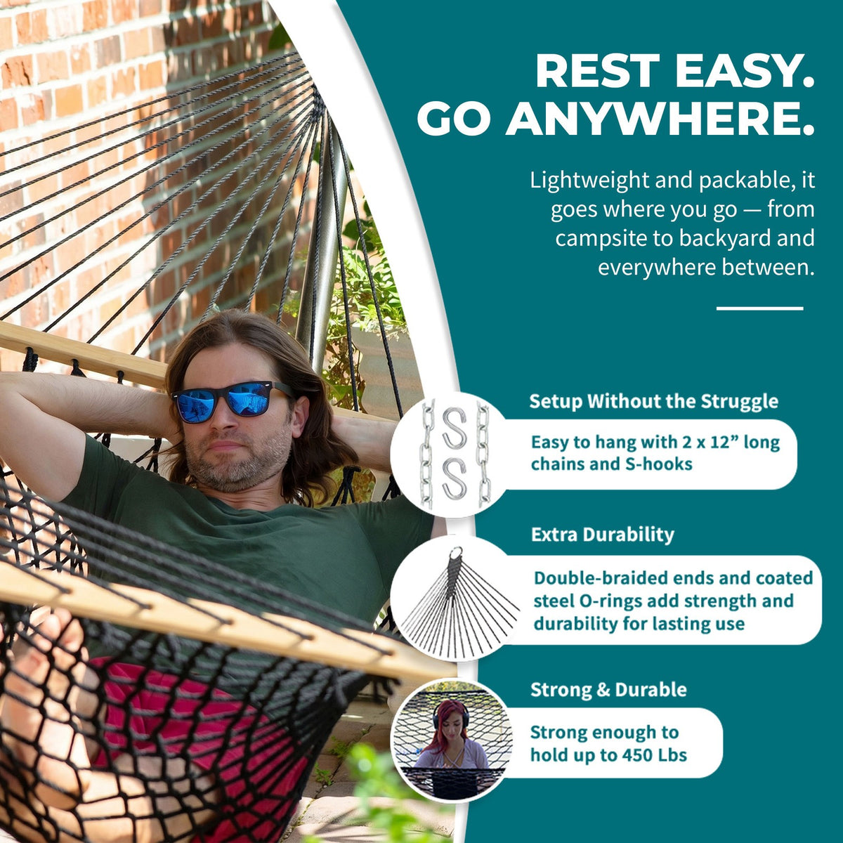 2-Person Cotton Rope Hammock with Spreaders - Black, 80x60 Inches