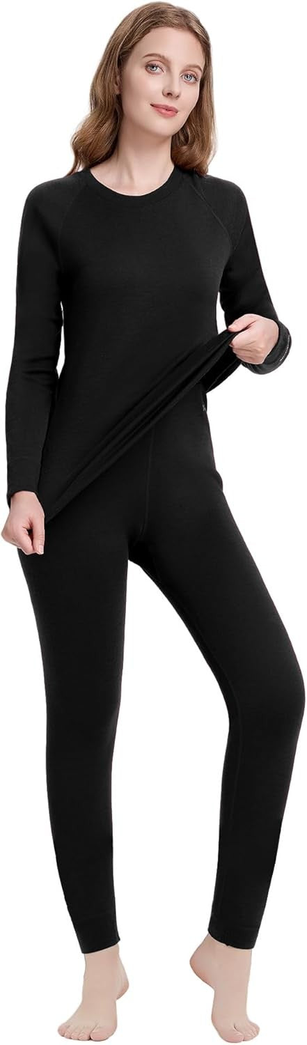 Women's Merino Wool Base Layer Sets Thermal Underwear Ski 2PC Top & Long Johns