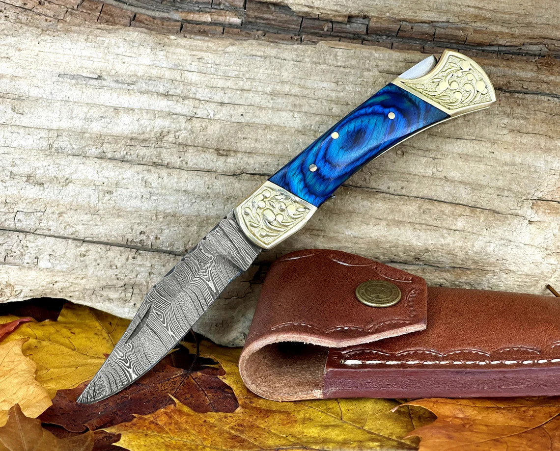 Damascus Folding Pocket Knife with Small Defects Handmade, Multiple Variants